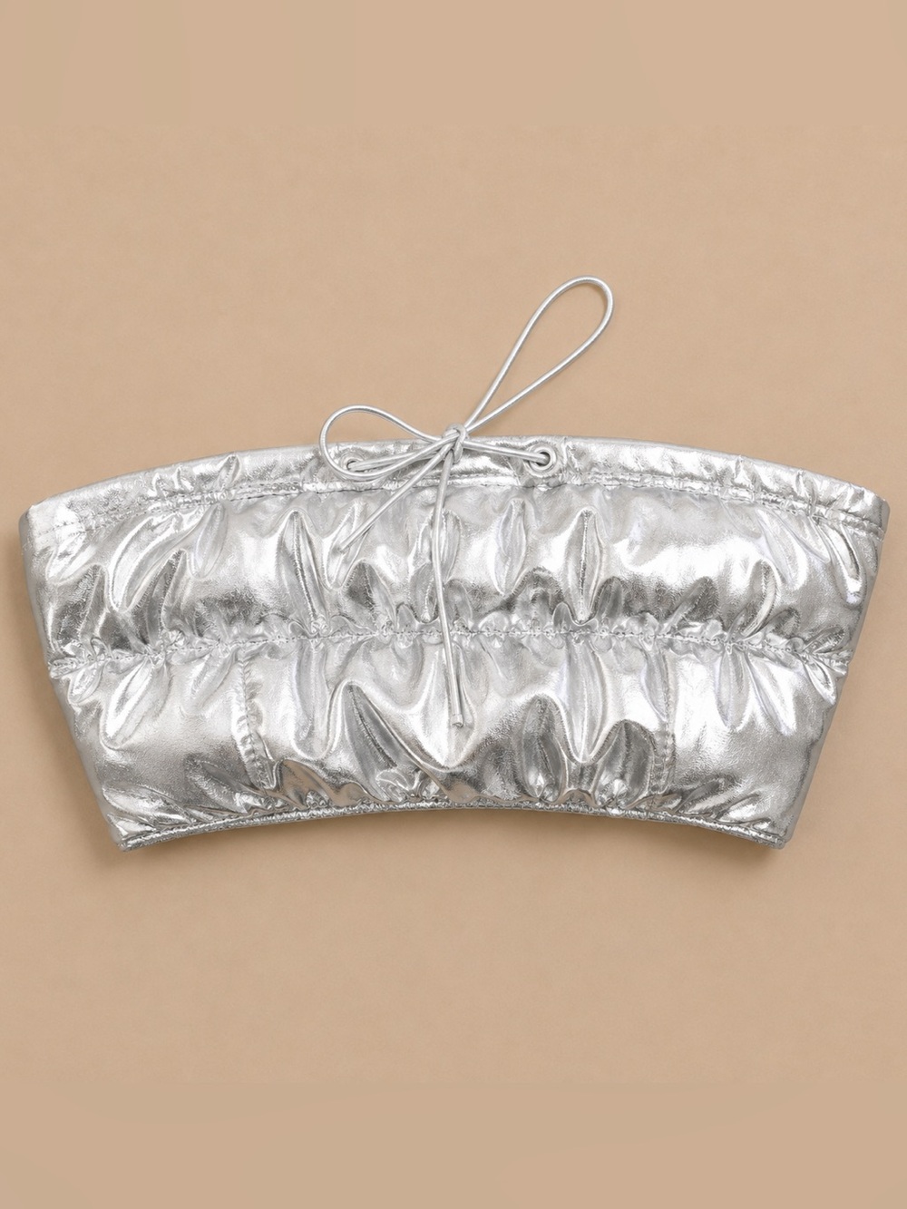 Metallic Silver Bandeau Tube Top with Bow Accent
